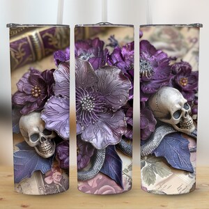 Skull and Flower 20oz Tumbler Wrap, Gothic Purple Floral Tumbler Wrap, Unique Skull Design, Purple Flower Tumbler, Spooky Tumbler