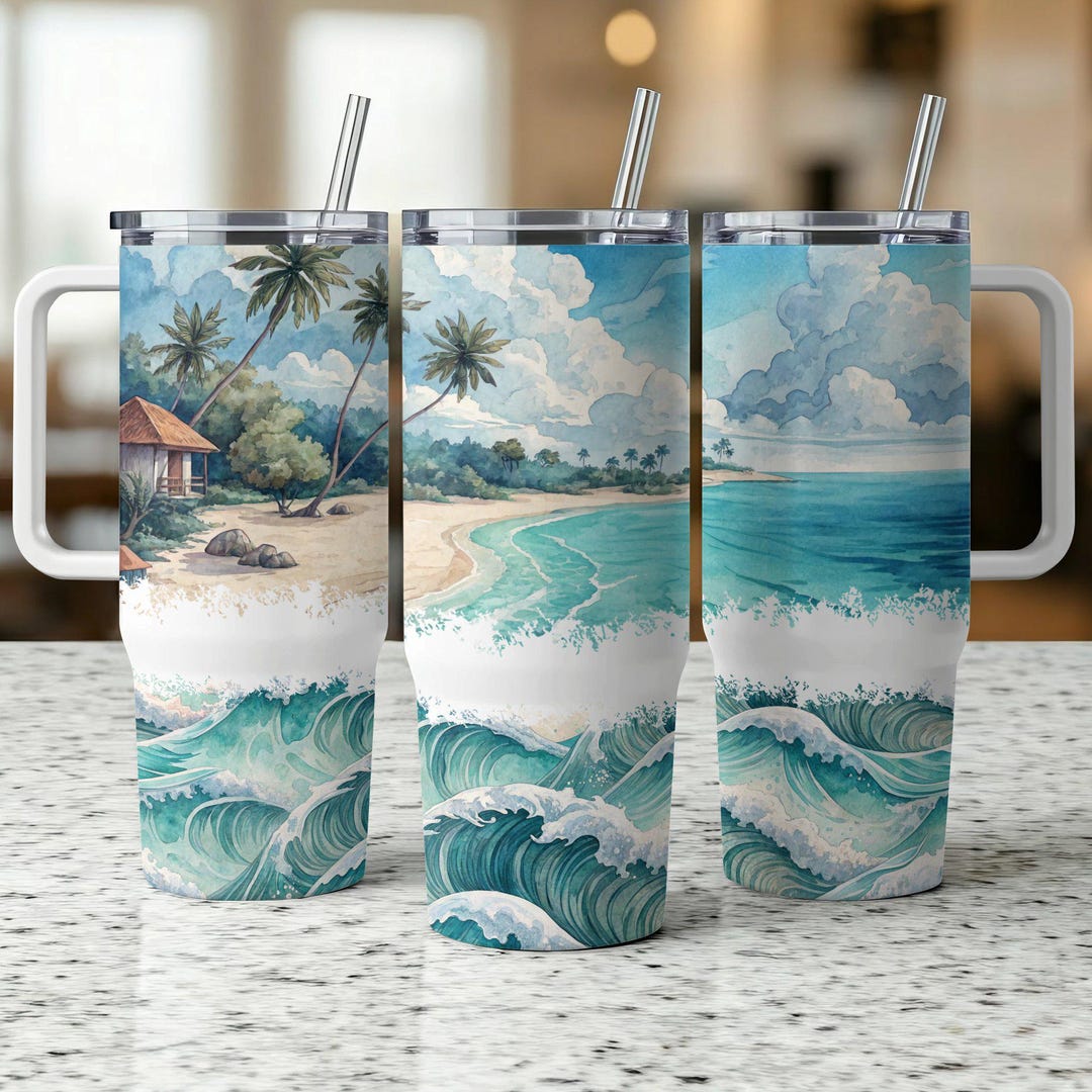 Wave Wraps Tropical Beach Waves Wrap for 40oz Tumbler, Ocean Scene Travel Cup Wrap ...