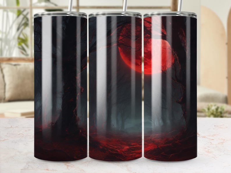 Spooky Red Moon Forest Tumbler Wrap, 20oz Skinny Tumbler PNG, Halloween ...