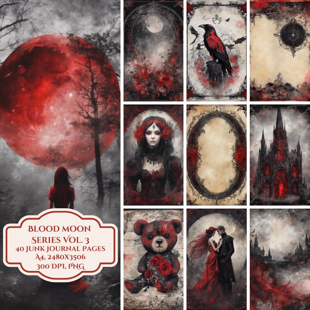 ☾DarkMoon★ページ Gothic Blood Moon Junk Journal Pages, Dark Fantasy Art, 40