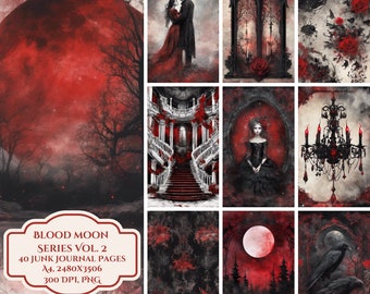 junkjournal【antique Red】 Gothic Red Lace Junk Journal Pages, Digital Scrapbook Paper