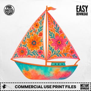 Floral Sailboat PNG, Sailboat Clipart, Boho Boat, Flower Boat Png, Sublimation Png, Digital Download