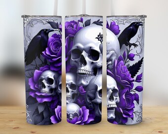 Gothic Skull and Crow Tumbler, 20oz Purple Rose Tumbler, Halloween Skull Tumbler, Gothic Roses and Skull, Purple Skull Tumbler Wrap