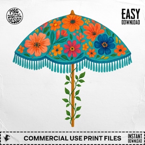 Floral Umbrella PNG, Teal Umbrella, Flower Umbrella Clipart, Digital Download PNG, Summer Umbrella, Boho Umbrella Art, Fun Umbrella Art