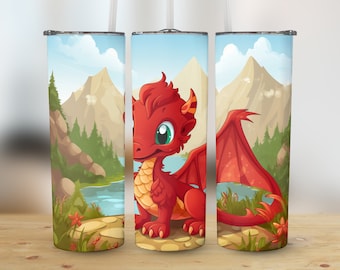 Cute Red Dragon Tumbler Wraps, 20oz Skinny Tumbler Sublimation, Digital Download, Fantasy Creature Wraps, Instant Download, PNG