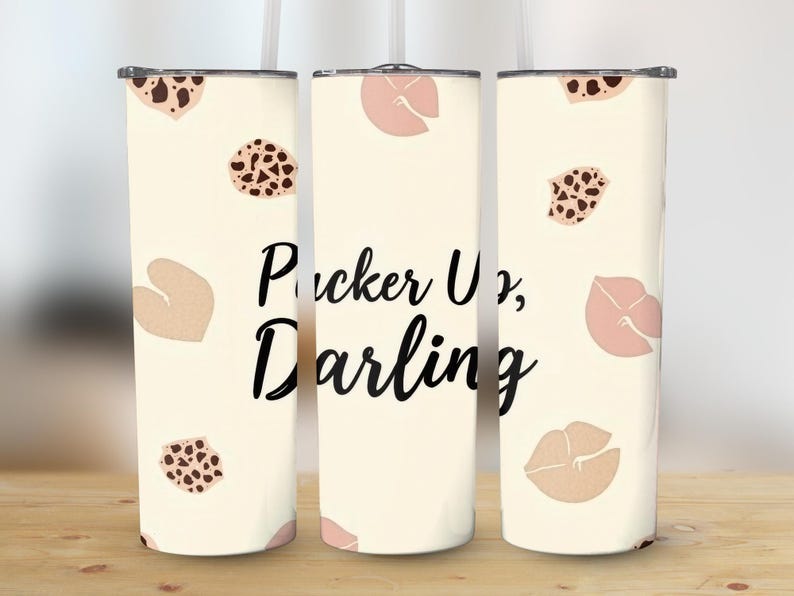 Pucker Up Darling Tumbler, Cute 20oz Tumbler Wrap, Pink and Leopard Print Design, Trendy Drinkware, Gift for Her, Summer Accessory image 1