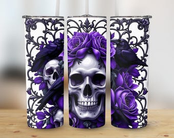 Gothic Skull Raven Tumbler Wrap, Rose Flower 20oz Tumbler, Elegant Dark Art Drinkware, Halloween Tumbler Design, Gothic Gift Idea