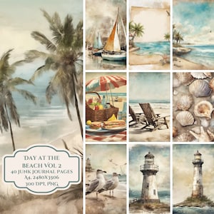 Day at the Beach Junk Journal Pages, A4, 2480x3506, 40 Digital Junk Journal Pages, 300 DPI, Beach Theme, Commercial Use
