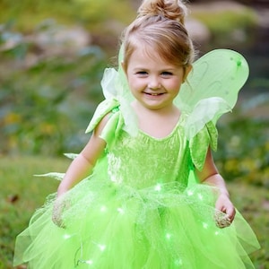 May include: A bright lime green fairy costume featuring a sleeveless bodice with a textured finish, a layered tulle skirt integrated with small glowing white LED lights, and a pair of matching sheer green wings attached to the back of the dress.