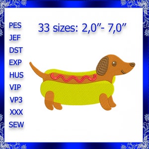 May include: A brown dachshund dog wearing a yellow hot dog costume with red ketchup. The image includes the text "33 sizes: 2,0"- 7,0"".