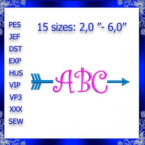 Op de afbeelding: Een borduurontwerp van de letters A, B en C in roze met een blauwe pijl die naar rechts wijst. De tekst "15 maten: 2,0" - 6,0" staat boven het ontwerp. Het ontwerp is beschikbaar in de volgende formaten: PES, JEF, DST, EXP, HUS, VIP, VP3, XXX en SEW.