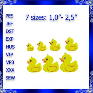 Puede incluir: Siete diseños de patos de goma amarillos bordados en varios tamaños, que van de 2,5 a 6,35 cm. Los diseños están disponibles en los formatos de archivo PES, JEF, DST, EXP, HUS, VIP, VP3, XXX y SEW.