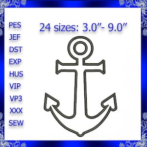 May include: A black and white anchor outline embroidery design available in 24 sizes ranging from 3.0 inches to 9.0 inches. The design is available in the following formats: PES, JEF, DST, EXP, HUS, VIP, VP3, XXX, and SEW.