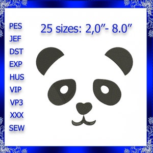 May include: Black and white panda bear face embroidery design in 25 sizes, ranging from 2 to 8 inches.