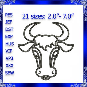 May include: A dark grey outline embroidery design of a bull's head with curved horns. The image includes the text "21 sizes: 2.0"- 7.0"" and file format abbreviations. The design is set against a white background.