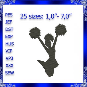 May include: Black silhouette of a cheerleader with pom-poms, available in 25 sizes from 1.0 inches to 7.0 inches.  PES, JEF, DST, EXP, HUS, VIP, VP3, XXX, SEW.