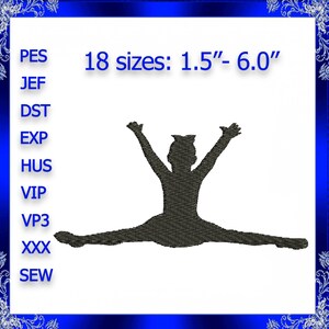 May include: Black silhouette of a person doing the splits with arms raised. The image includes the text "18 sizes: 1.5"- 6.0"" and various file type abbreviations. The image is framed with a blue border and decorative elements.