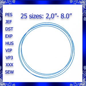 Può includere: Uno sfondo bianco con testo blu che recita "25 dimensioni: 2,0"- 8,0"" e un elenco di formati di file: PES, JEF, DST, EXP, HUS, VIP, VP3, XXX e SEW.