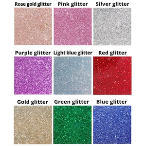 May include: Nine glitter color swatches: rose gold, pink, silver, purple, light blue, red, gold, green, and blue. Each swatch has the color name printed above it.