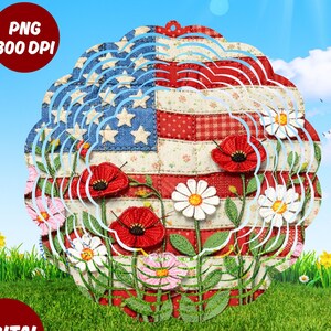 USA Patriotic Wind Spinner PNG, Faux Patchwork Floral 4th July 250th Anniversary Sublimation Design,1776-2026 American Flag Instant Download
