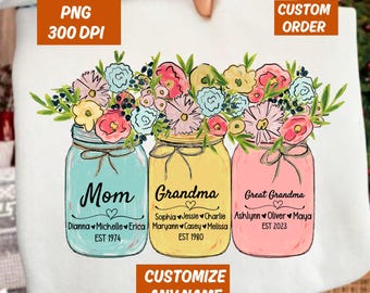 Custom Great Grandma's Flower Mason Jar Est With Kids Names Wall Frame Jpg Png, Personalized Mother's Day Christmas Digital Download For Mom