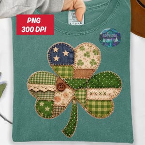 Faux Patchwork Shamrock PNG, St Patricks Day Instant Digital Download, Lucky Irish Cottage Core Gingham Download, Floral GrandmaCore File