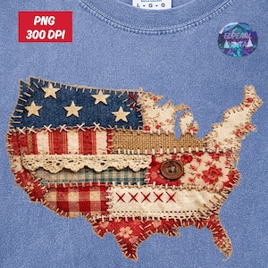 Faux Quilted American Flag Png, Vintage Grandma Core Patchwork Patriotic Design,4th of July Sublimation Graphic,Instant Cottagecore USA Map