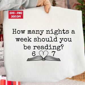 May include: White tote bag with the text "How many nights a week should you be reading?" in black. The numbers 6 and 7 are below the text, with a heart-shaped book illustration between them. The bag also has the text "SVG-PNG 300 DPI".