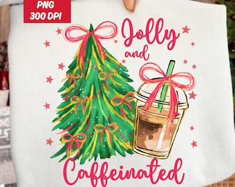 Jolly and Caffeinated Christmas Tree Png, Colorful Glitter Christmas Png, Christmas Coquette Png, Christmas Coffee Png,Latte Brushstroke Png