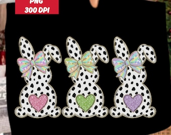 Easter Bunnies Hand-Painted Png, Spring Aesthetic Instant Digital Download Shirt Design,Trendy Dalmatian Rabbit Coquette Bow Sublimation DTF