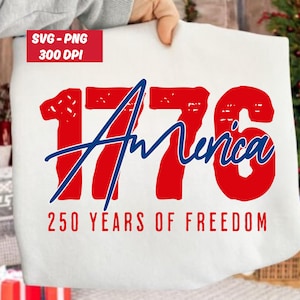 以下が含まれることがあります： 赤と青で「1776 America」と書かれた白い生地で、「250 YEARS OF FREEDOM」が赤で下に書かれています。左上隅には「SVG - PNG 300 DPI」と書かれています。