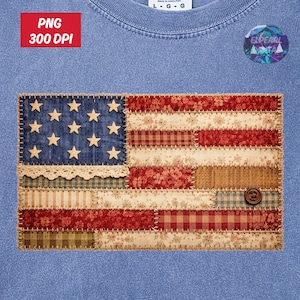 May include: A patchwork American flag design with a blue field of stars and red and white stripes. The flag is made of various patterned fabrics, including floral and plaid designs. A brown button is on the lower right corner. The background is a light blue.