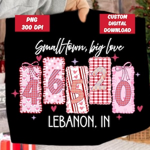 Benutzerdefinierte Preppy Kleinstadt Valentinstag Zip Code PNG, V-Day Sofortiger digitaler Download, personalisierte große Liebhaber Trendy Februar 14 Kokette Bogen