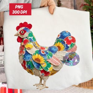 May include: A decorative fabric chicken figurine with a red comb, beak, and feet. The body is decorated with floral and patterned fabric patches in red, blue, yellow, and green. The image includes the text "PNG 300 DPI".
