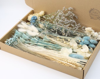 Bricolage fleurs séchées blanc bleu clair | Kit DIY de fleurs séchées | Herbe séchée bleu blanc | Fleurs pour l'artisanat | Décoration d'intérieur | Fabrication de couronnes