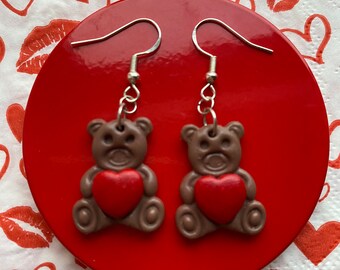 love heart teddy bear valentines day polymer clay earrings