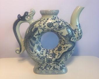 Vintage Blue and White Chinse Porcelain Teapot Shape Vase Display Painted Floral Dragon Phoenix, 9 1/2&quot; max height