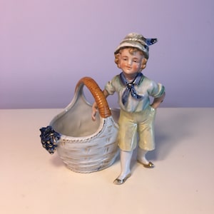 Vintage German Porcelain Bisque Figurine Boy with Basket, 5&quot;, &quot;Germany&quot; mark