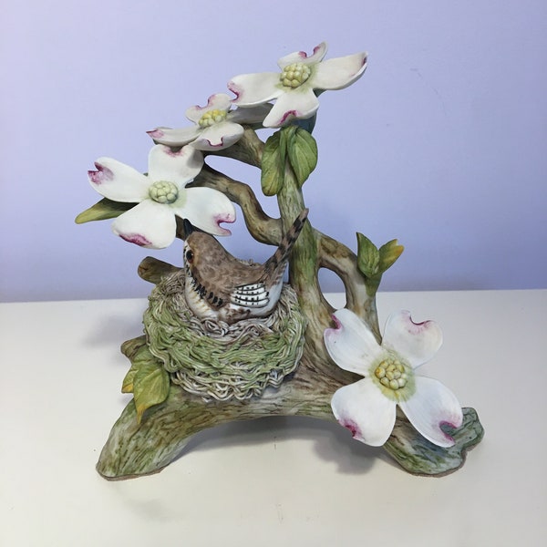 Vintage Cybis The Wood Wren with Dogwood Porcelain Sculpture, 6" height