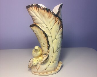 Vintage Made in Japan 1950s Porcelain Bird on Leaf Vase by UCAGCO Ceramics, 8&quot;