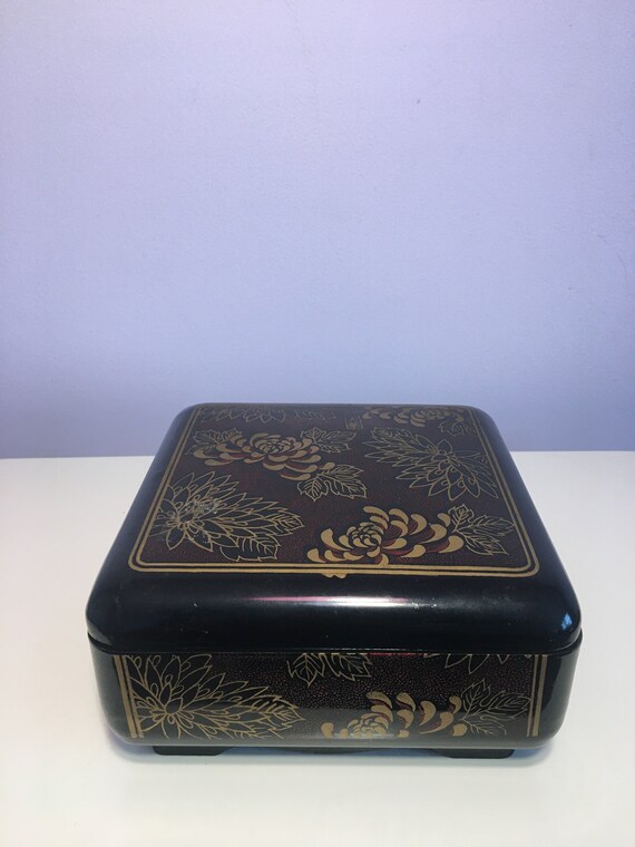 Vintage Oriental Jewelry Trinket Organizer Box Sq… - image 9