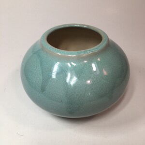 May include: A light blue ceramic bowl with a rounded shape and a smooth, glossy finish.