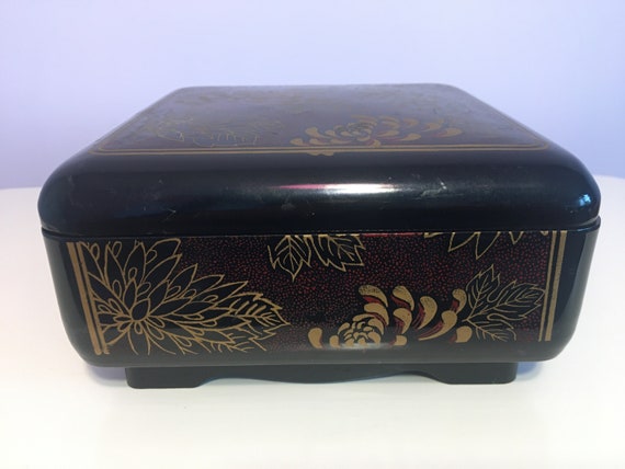 Vintage Oriental Jewelry Trinket Organizer Box Sq… - image 3