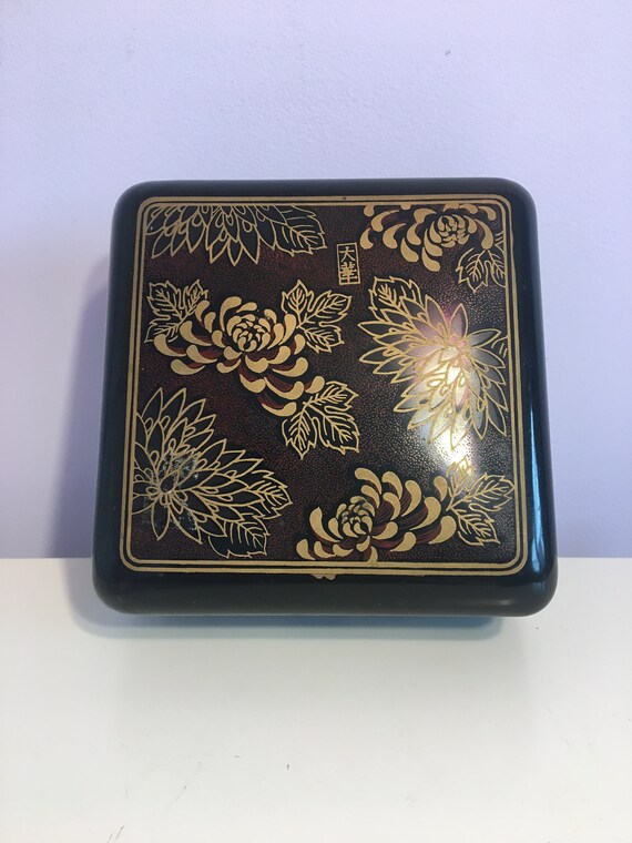 Vintage Oriental Jewelry Trinket Organizer Box Sq… - image 2