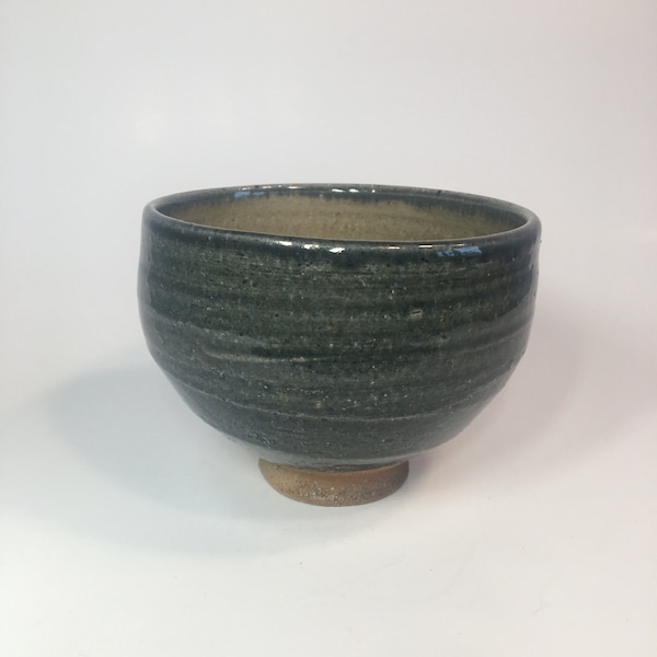 Vintage Made in Japan Pottery Green Glazed Chawan Ceremony Tea Bowl, 5" diameter, marked "JAPAN" at bottom