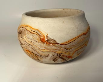 Medium Size Vintage Nemadji Art Pottery Pot with Magnificent Swirl Pattern,Hand Made in USA, max diameter 4.5&quot;, small hairline as shown
