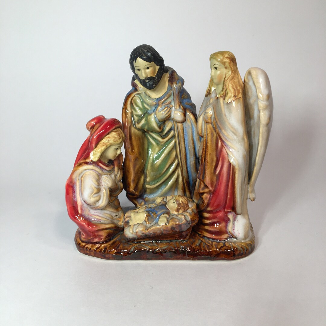 Vintage Nativity Manger Scene Pottery Figurine Iridescent Etsy