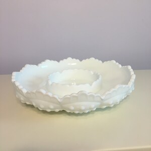 Vintage Fenton White Hobnail Chips and Salsa Dish Sawtooth Edge, 8"