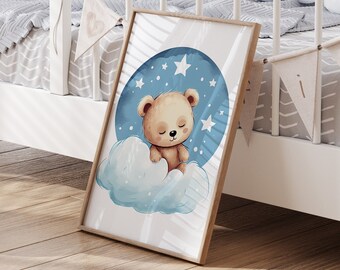 Teddy Bear Nursery Wall Art, Cloud and Stars Nursery Wall Decor, Nursery Bear Wall Art, Digital Download Wall Art Printable Nursery Wall Art