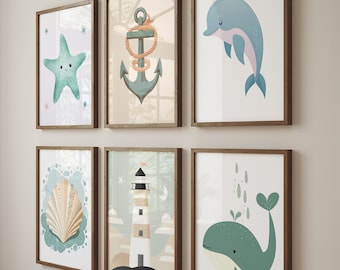 Nautical Nursery Sea Animal Posters - Kids Room Wall Art, Set of 6 Downloadable Prints, Ocean Nursery Decor, DIGITAL DOWNLOAD